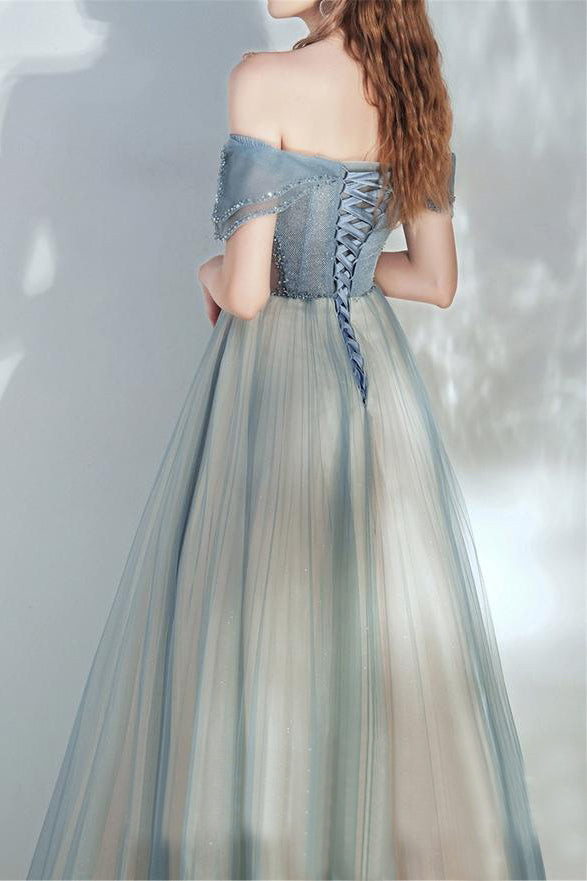 Off Shoulder Dusty Blue Prom Dress Lace ...